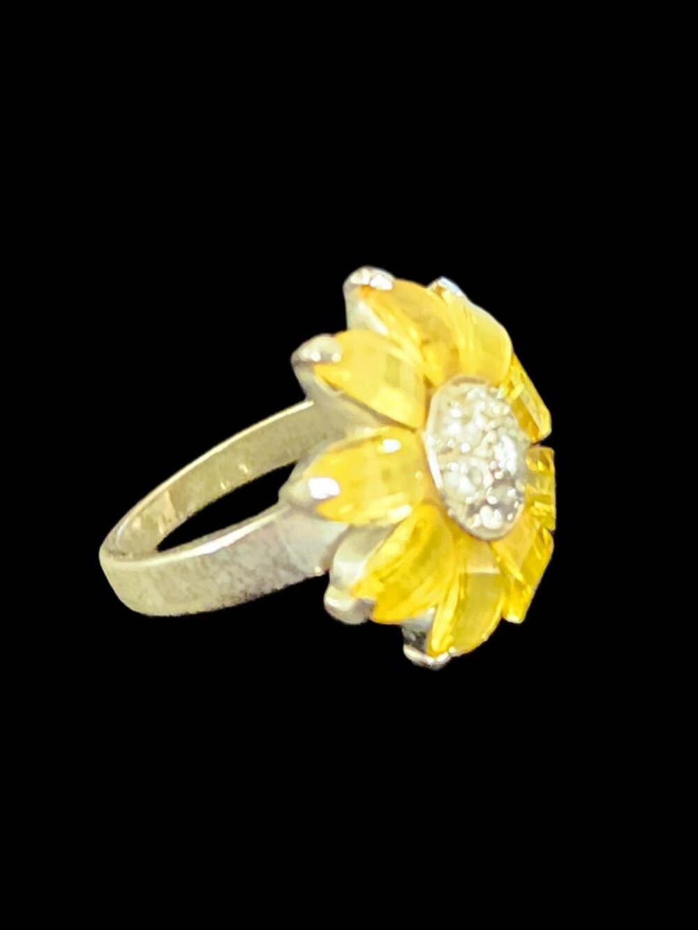 Vintage 90s Sterling Silver Sunflower Ring Yellow Crystal CZ Heavy 6.4g Size 6
